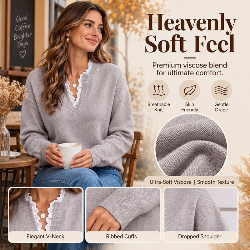 Women's Mock Neck Lace Trim Knit Sweater