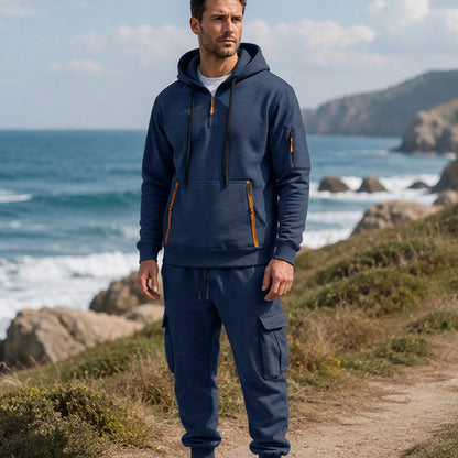 Men's Warm Half-Zip Hoodie & Cargo Pants Set