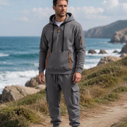 Men's Warm Half-Zip Hoodie & Cargo Pants Set