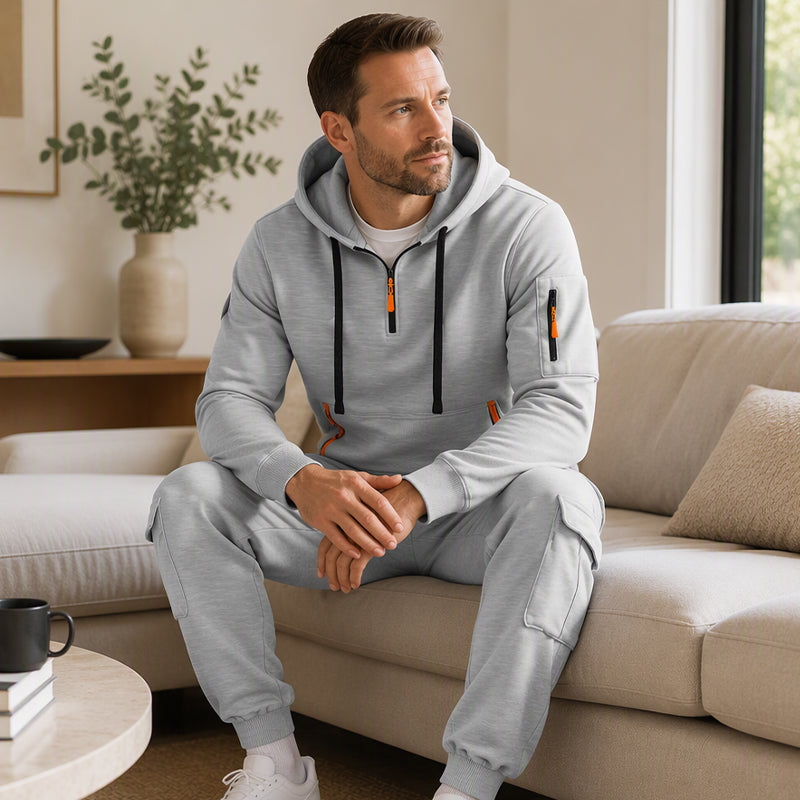 Men's Warm Half-Zip Hoodie & Cargo Pants Set