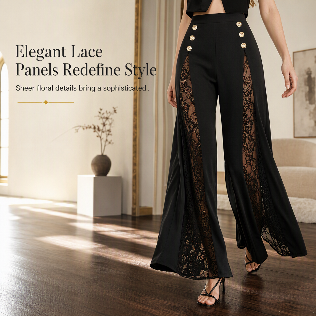 💖Black Friday Mega Deal – 50% off!💖 Women's High Waisted Lace Spliced Wide Leg Trousers with Decorative Gold Buttons
