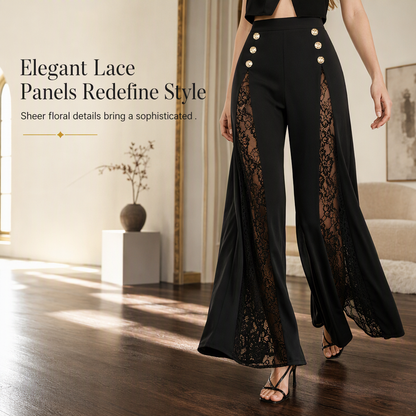 💖Black Friday Mega Deal – 50% off!💖 Women's High Waisted Lace Spliced Wide Leg Trousers with Decorative Gold Buttons