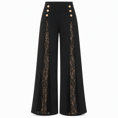 💖Black Friday Mega Deal – 50% off!💖 Women's High Waisted Lace Spliced Wide Leg Trousers with Decorative Gold Buttons