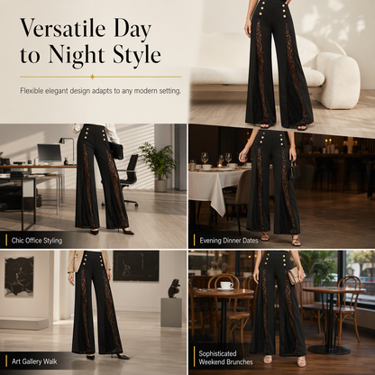 💖Black Friday Mega Deal – 50% off!💖 Women's High Waisted Lace Spliced Wide Leg Trousers with Decorative Gold Buttons