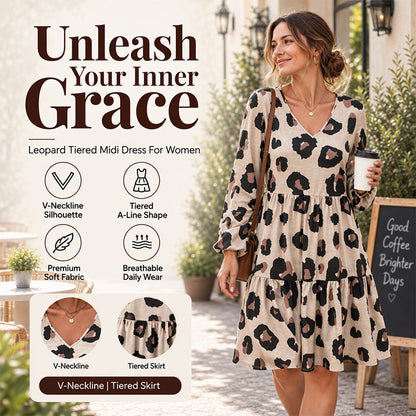 Women's Leopard Print V-Neck Long Sleeve Dress