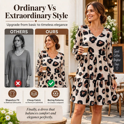 Women's Leopard Print V-Neck Long Sleeve Dress