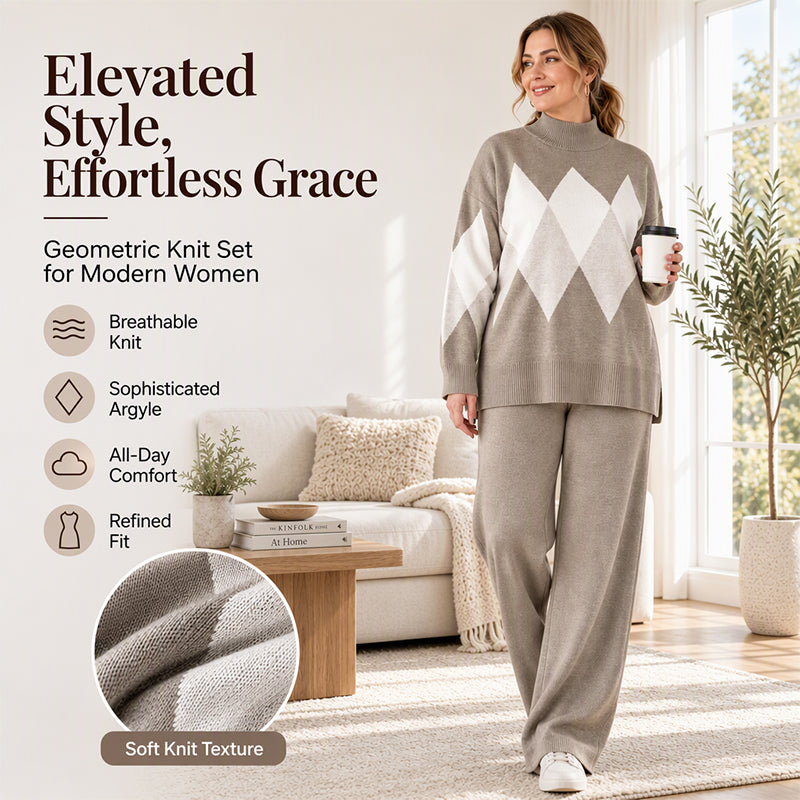 Women's Argyle Knit Sweater & Wide-Leg Pants Set