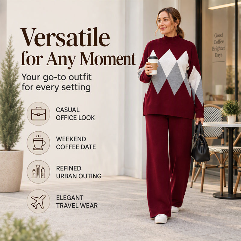 Women's Argyle Knit Sweater & Wide-Leg Pants Set