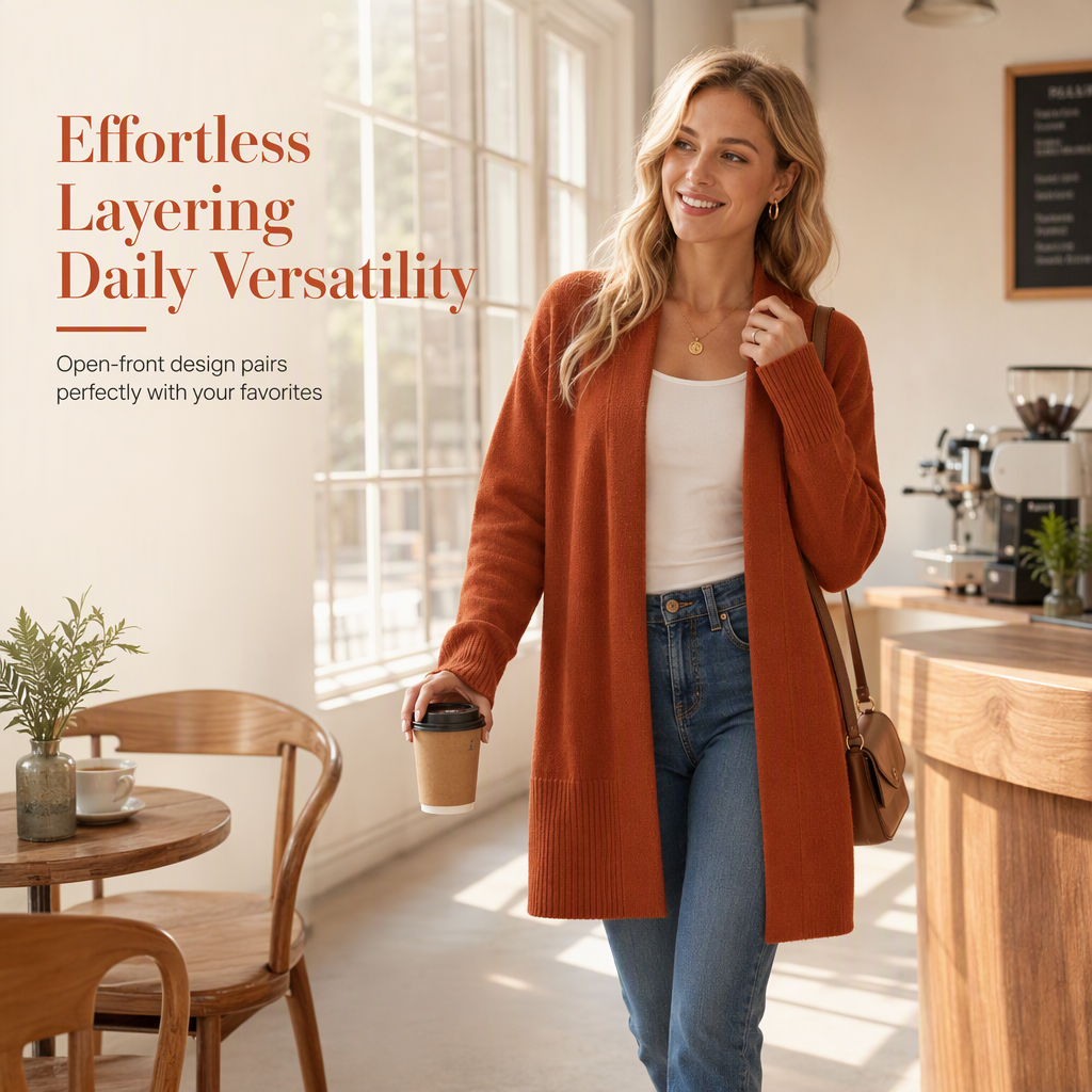 Women's Mid-Length Open Front Knit Cardigan Sweater with Ribbed Cuffs