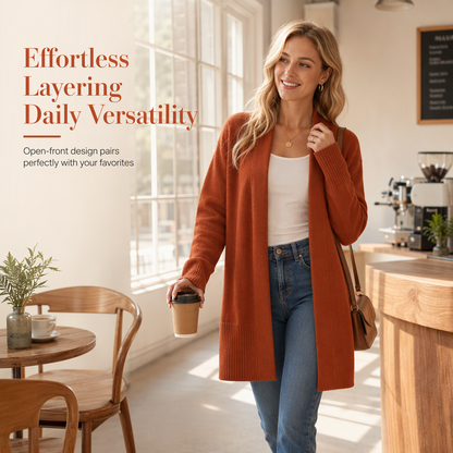 Women's Mid-Length Open Front Knit Cardigan Sweater with Ribbed Cuffs
