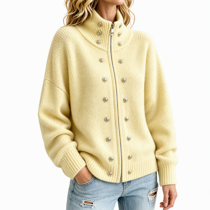 Women's Stand Collar Double-Breasted Knit Cardigan
