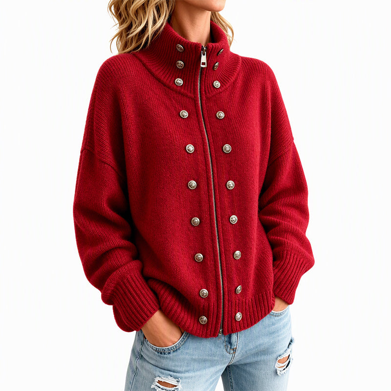 Women's Stand Collar Double-Breasted Knit Cardigan