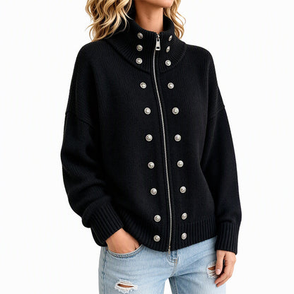 Women's Stand Collar Double-Breasted Knit Cardigan