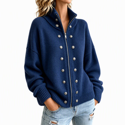 Women's Stand Collar Double-Breasted Knit Cardigan