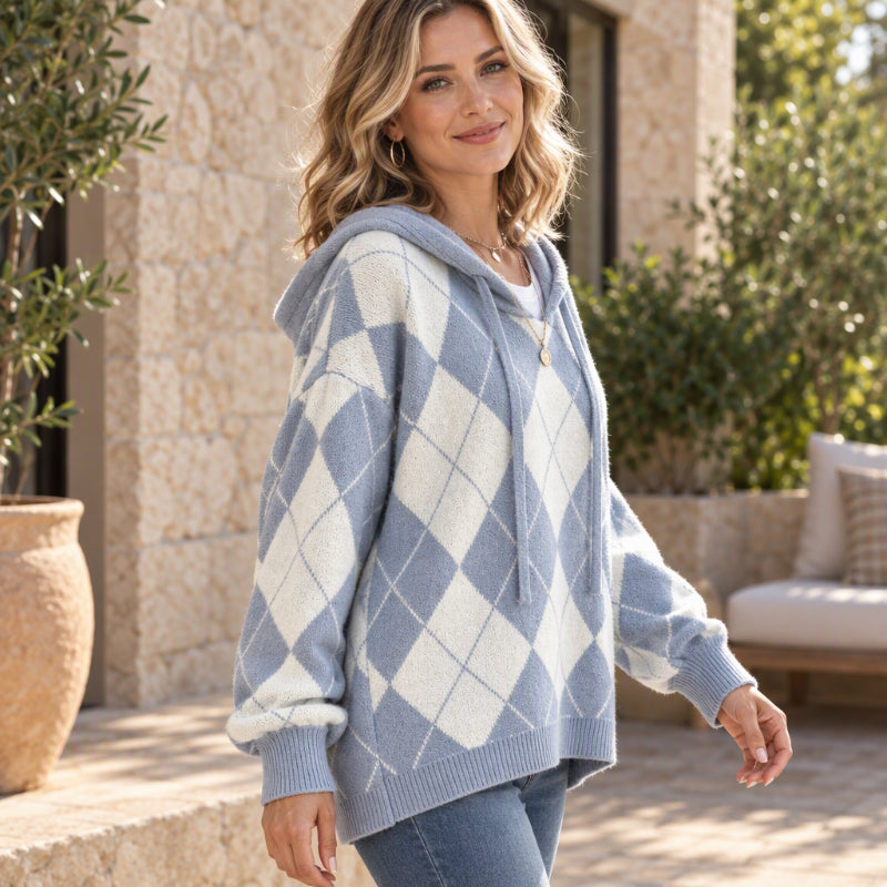 Women's Casual Argyle Hooded Sweater