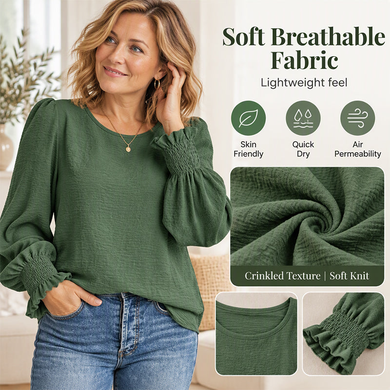 Women's Elegant Crewneck Smocked Cuff Top