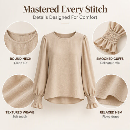 Women's Elegant Crewneck Smocked Cuff Top