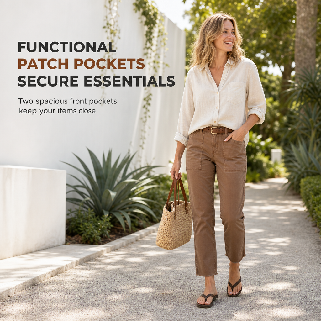 Women's Casual Utility Cropped Pants with Raw Frayed Hem and Deep Patch Pockets