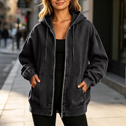 Women's Loose Zip-Up Hooded Denim Jacket