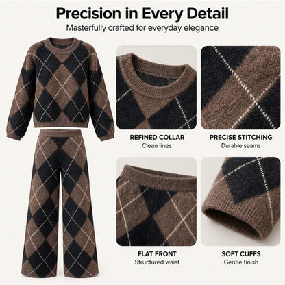 ✨ Women's Argyle Knit Sweater & Wide-Leg Pants 2-Piece Set – Soft, Breathable Knit, Classic Diamond Pattern & Relaxed Comfort for Chic Everyday Outfits! 🍂