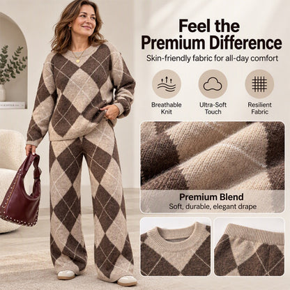 ✨ Women's Argyle Knit Sweater & Wide-Leg Pants 2-Piece Set – Soft, Breathable Knit, Classic Diamond Pattern & Relaxed Comfort for Chic Everyday Outfits! 🍂