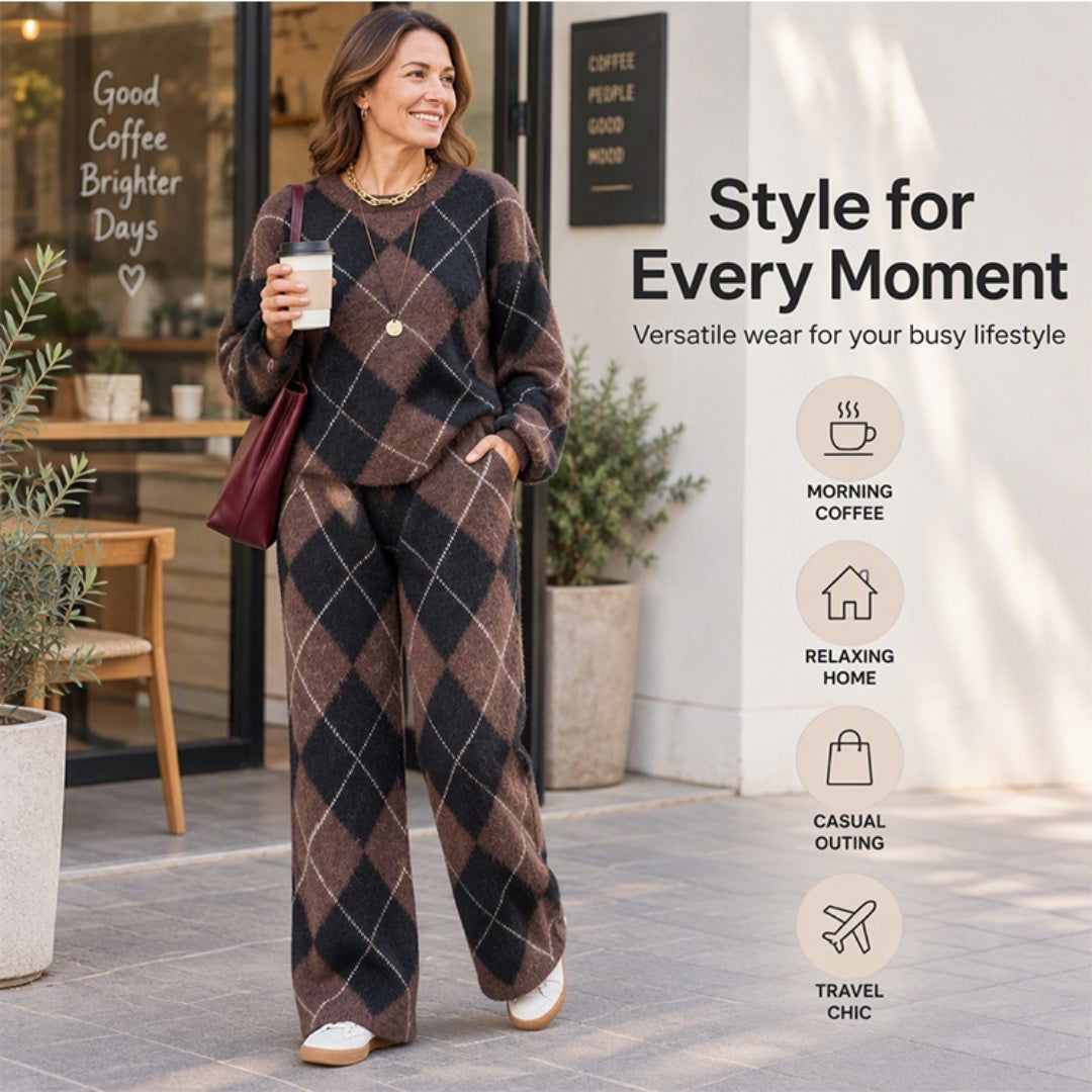 ✨ Women's Argyle Knit Sweater & Wide-Leg Pants 2-Piece Set – Soft, Breathable Knit, Classic Diamond Pattern & Relaxed Comfort for Chic Everyday Outfits! 🍂