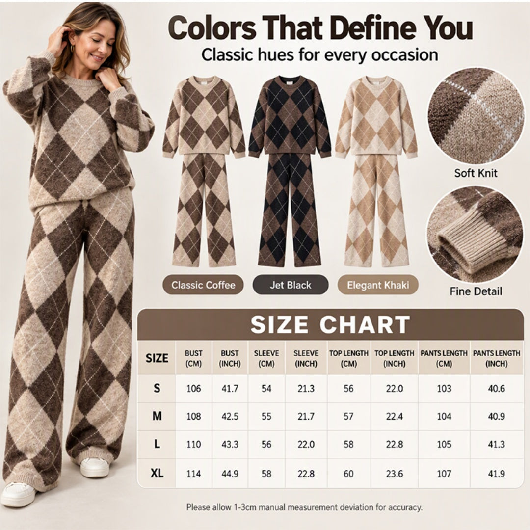 ✨ Women's Argyle Knit Sweater & Wide-Leg Pants 2-Piece Set – Soft, Breathable Knit, Classic Diamond Pattern & Relaxed Comfort for Chic Everyday Outfits! 🍂
