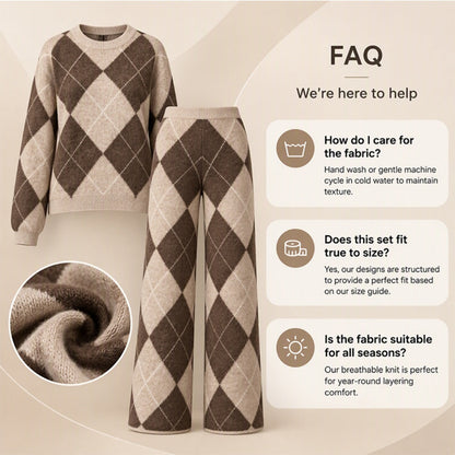 ✨ Women's Argyle Knit Sweater & Wide-Leg Pants 2-Piece Set – Soft, Breathable Knit, Classic Diamond Pattern & Relaxed Comfort for Chic Everyday Outfits! 🍂