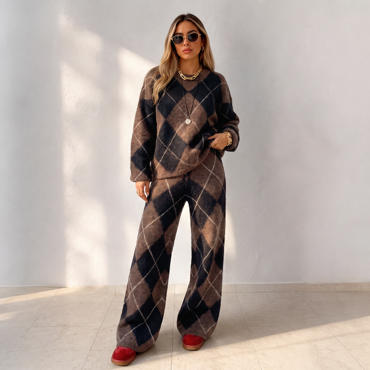 ✨ Women's Argyle Knit Sweater & Wide-Leg Pants 2-Piece Set – Soft, Breathable Knit, Classic Diamond Pattern & Relaxed Comfort for Chic Everyday Outfits! 🍂