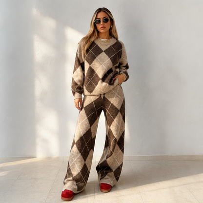 ✨ Women's Argyle Knit Sweater & Wide-Leg Pants 2-Piece Set – Soft, Breathable Knit, Classic Diamond Pattern & Relaxed Comfort for Chic Everyday Outfits! 🍂