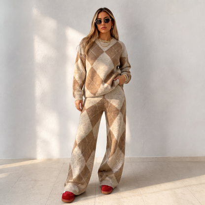 ✨ Women's Argyle Knit Sweater & Wide-Leg Pants 2-Piece Set – Soft, Breathable Knit, Classic Diamond Pattern & Relaxed Comfort for Chic Everyday Outfits! 🍂