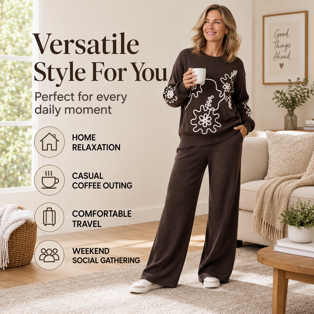 Women's Crewneck Knit Sweater & Wide-Leg Pants Set