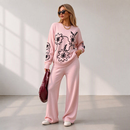 Women's Crewneck Knit Sweater & Wide-Leg Pants Set