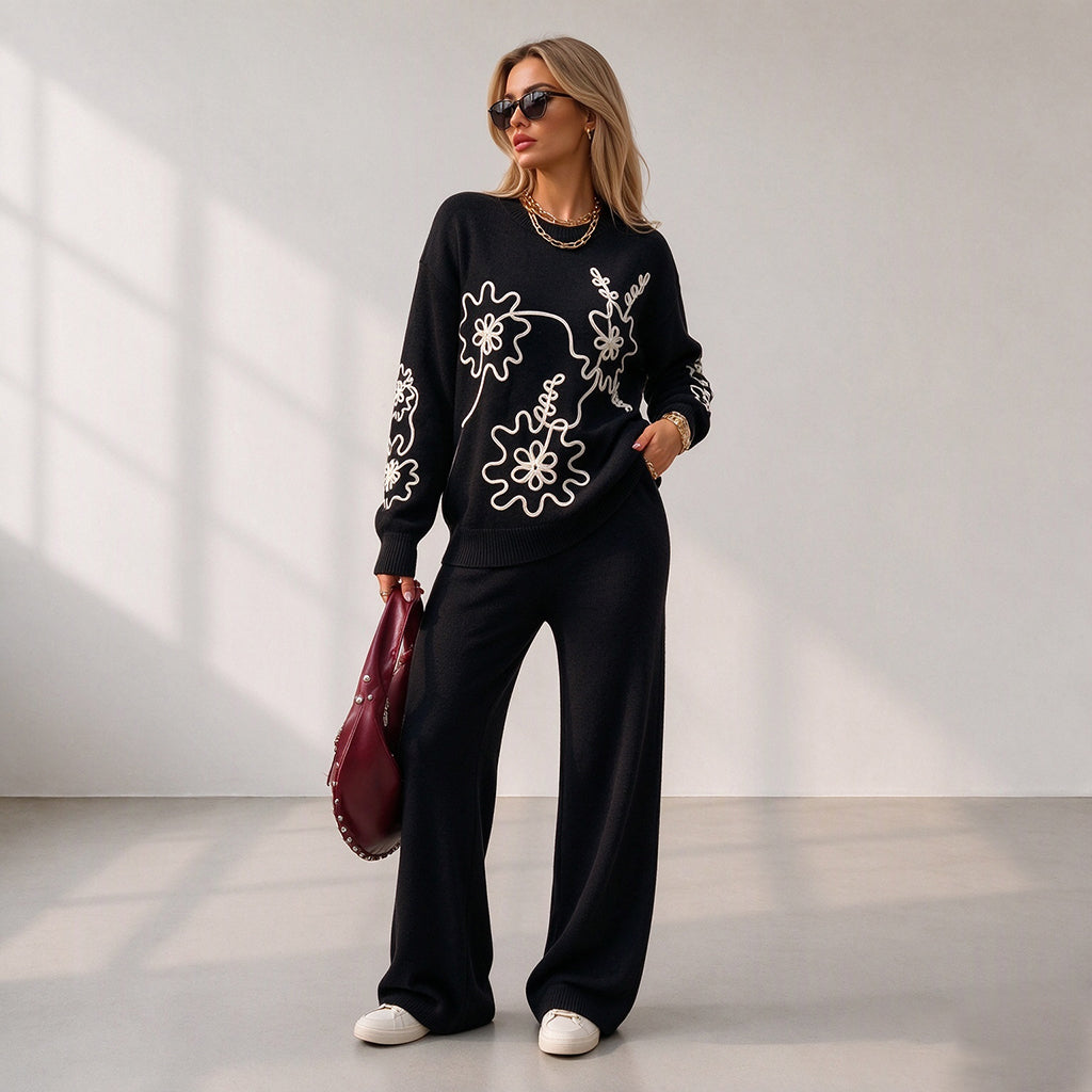Women's Crewneck Knit Sweater & Wide-Leg Pants Set