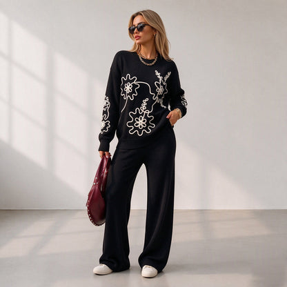 Women's Crewneck Knit Sweater & Wide-Leg Pants Set