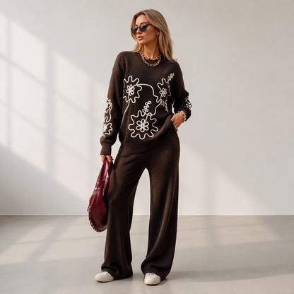 Women's Crewneck Knit Sweater & Wide-Leg Pants Set