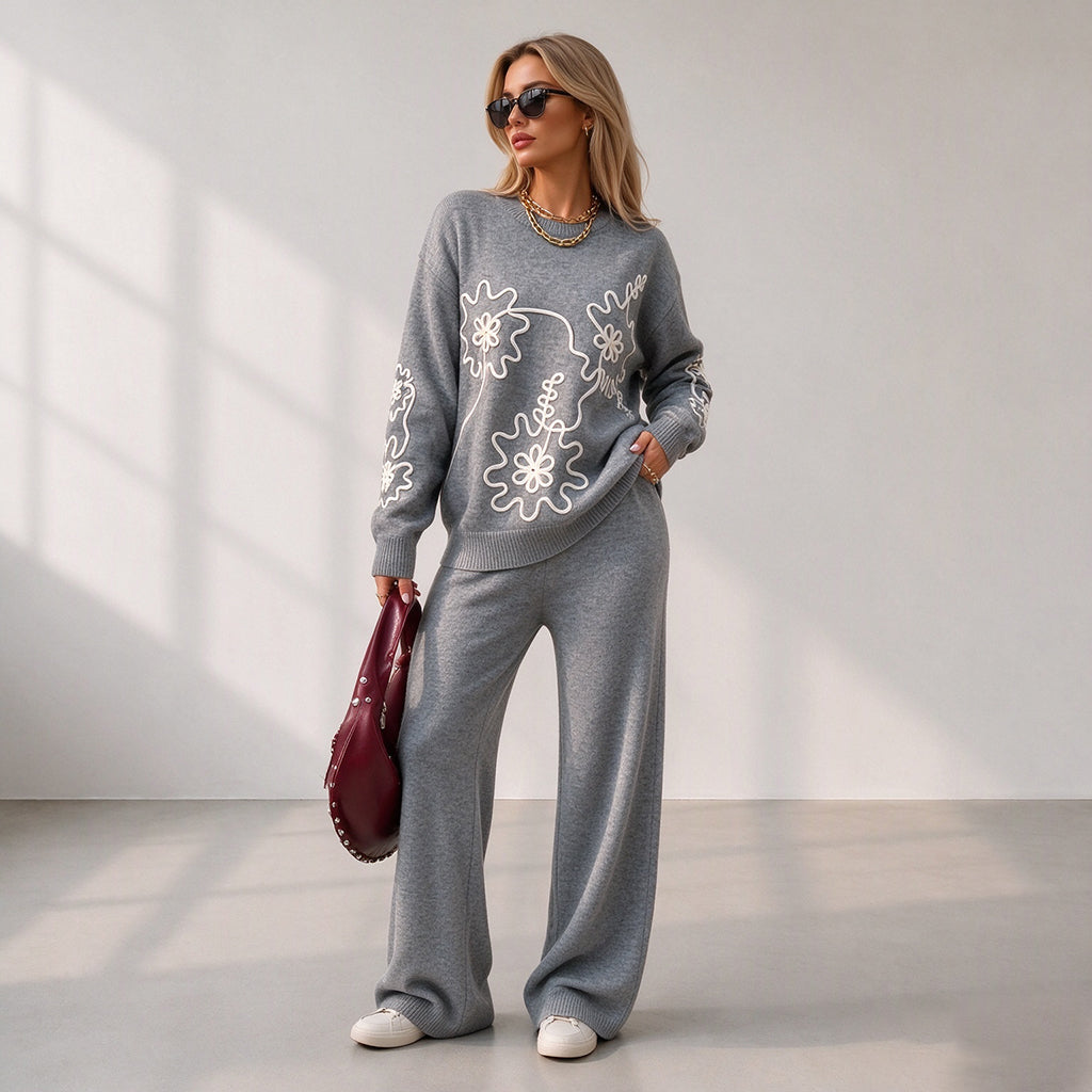 Women's Crewneck Knit Sweater & Wide-Leg Pants Set