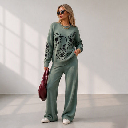 Women's Crewneck Knit Sweater & Wide-Leg Pants Set