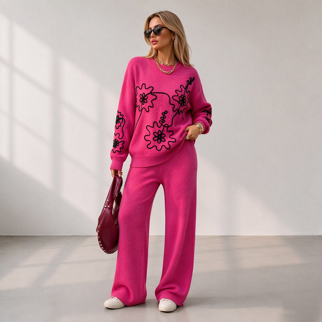 Women's Crewneck Knit Sweater & Wide-Leg Pants Set