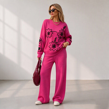 Women's Crewneck Knit Sweater & Wide-Leg Pants Set
