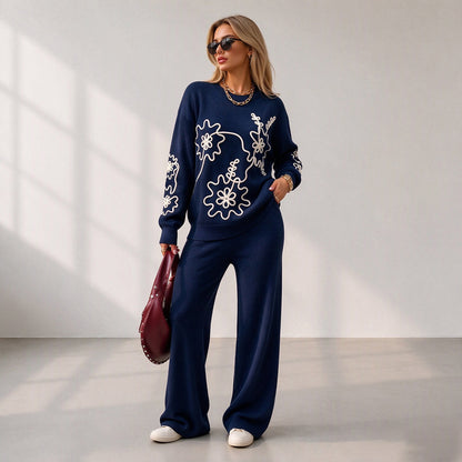 Women's Crewneck Knit Sweater & Wide-Leg Pants Set