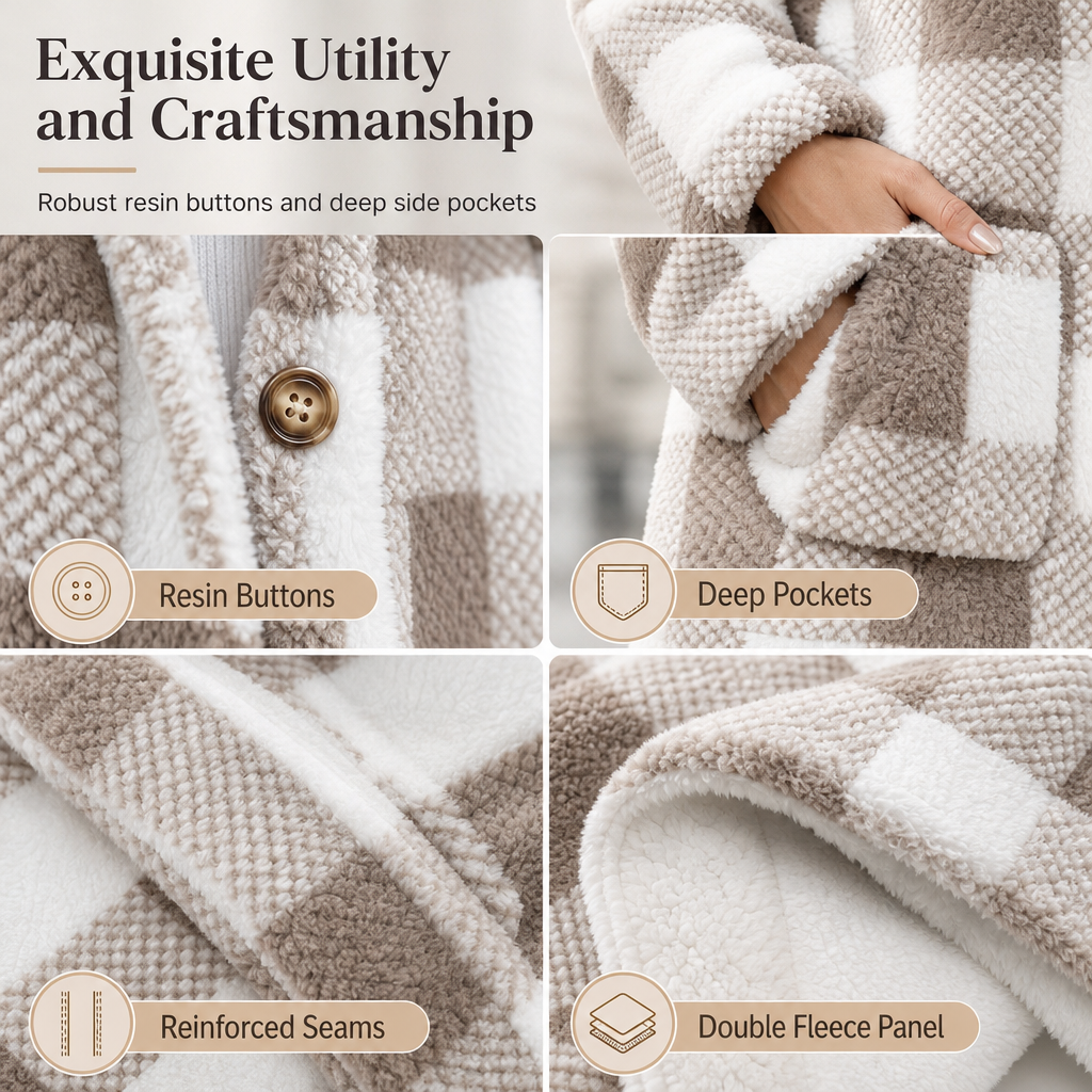 Women's Long Sleeve Plaid Faux Shearling Hooded Coat