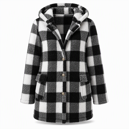 Women's Long Sleeve Plaid Faux Shearling Hooded Coat