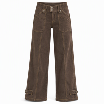 Women's Washed Cotton Blend Utility Wide Leg Pants with Contrast Stitching