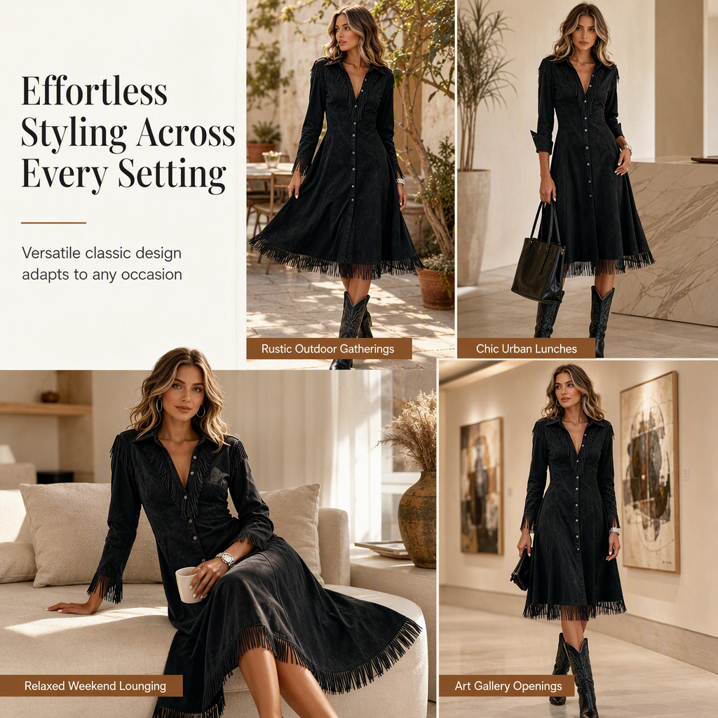 Women's Vintage Long Sleeve Fringe Dress