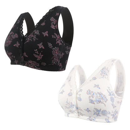 Women's Plus Size Front Button Floral Print Wireless Bra