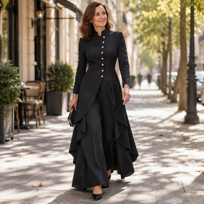 Women's Elegant Longline Coat and Wide-Leg Pants Set