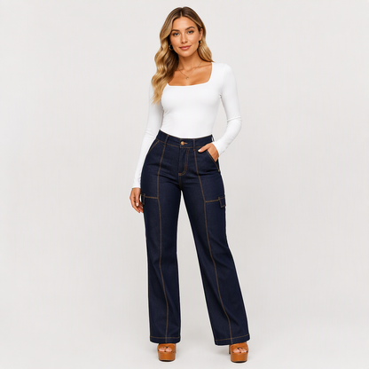 Women's High Waisted Contrast Stitching Wide-Leg Jeans