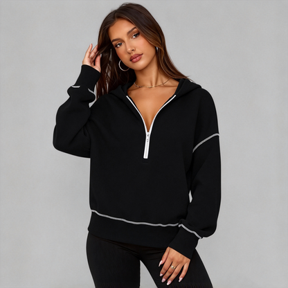 Womens Cropped Zip Up Hoodie with Contrast Trim Long Sleeve Loose Fit Solid Color Casual Sweatshirt for Autumn and Winter