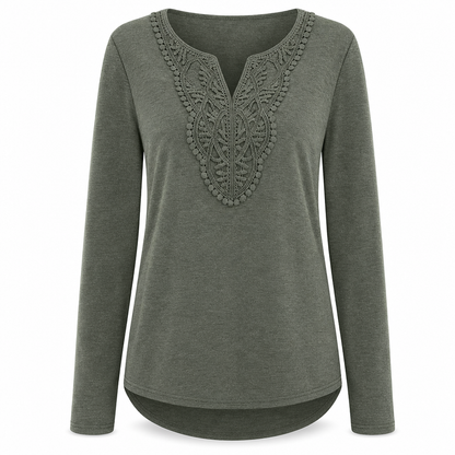 Women's Bohemian Lace V Neck Long Sleeve Loose Fit Blouse